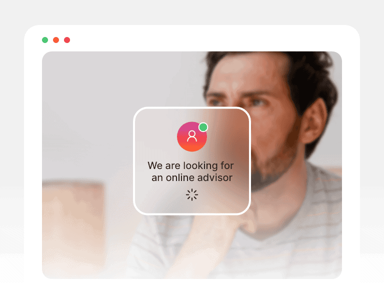 Écran affichant une recherche d'un conseiller en ligne via une plateforme digitale.